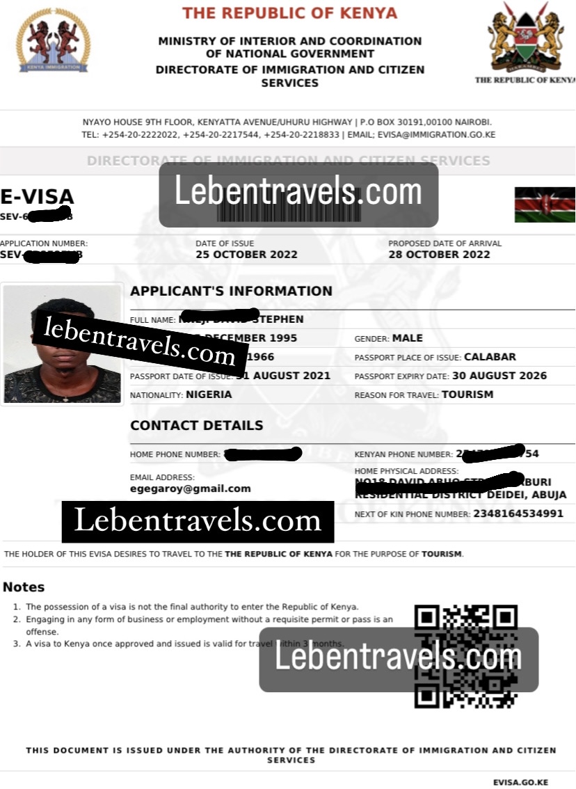 KENYA VISITOR and TOURIST VISA - 3 months